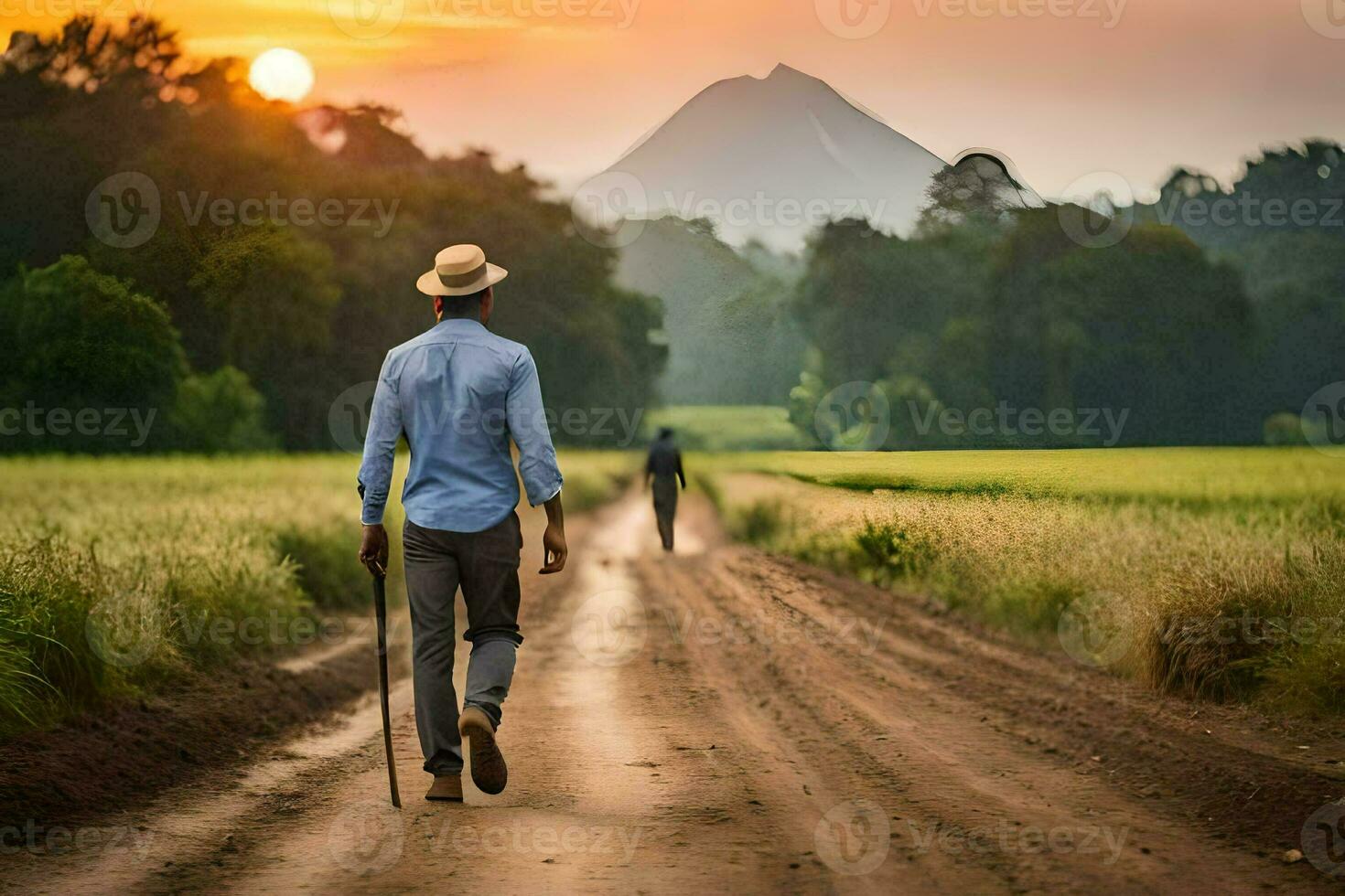 un hombre caminando abajo un suciedad la carretera con un caña. generado por ai foto