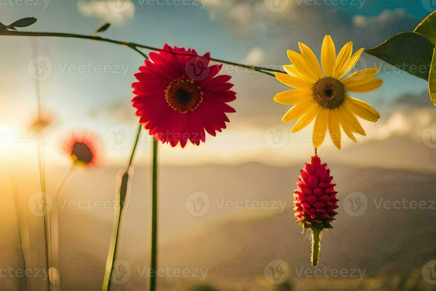 foto fondo de pantalla el cielo, flores, montañas, sol, flores, el cielo, flores, el. generado por ai