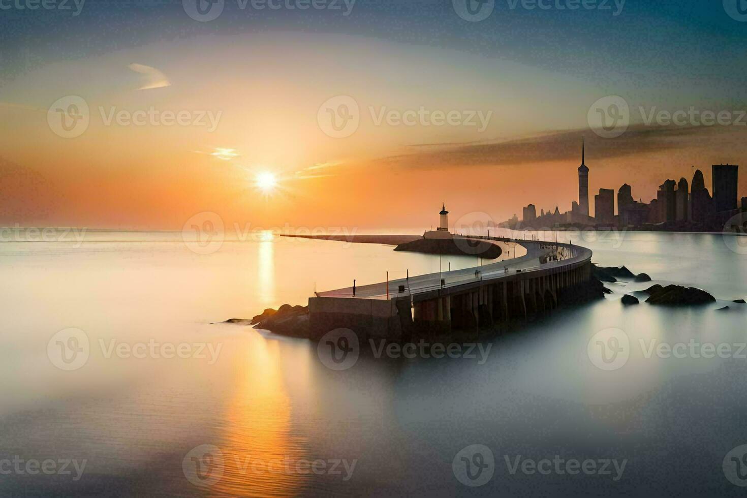 a long exposure photograph of a pier in front of a city skyline. AI-Generated photo