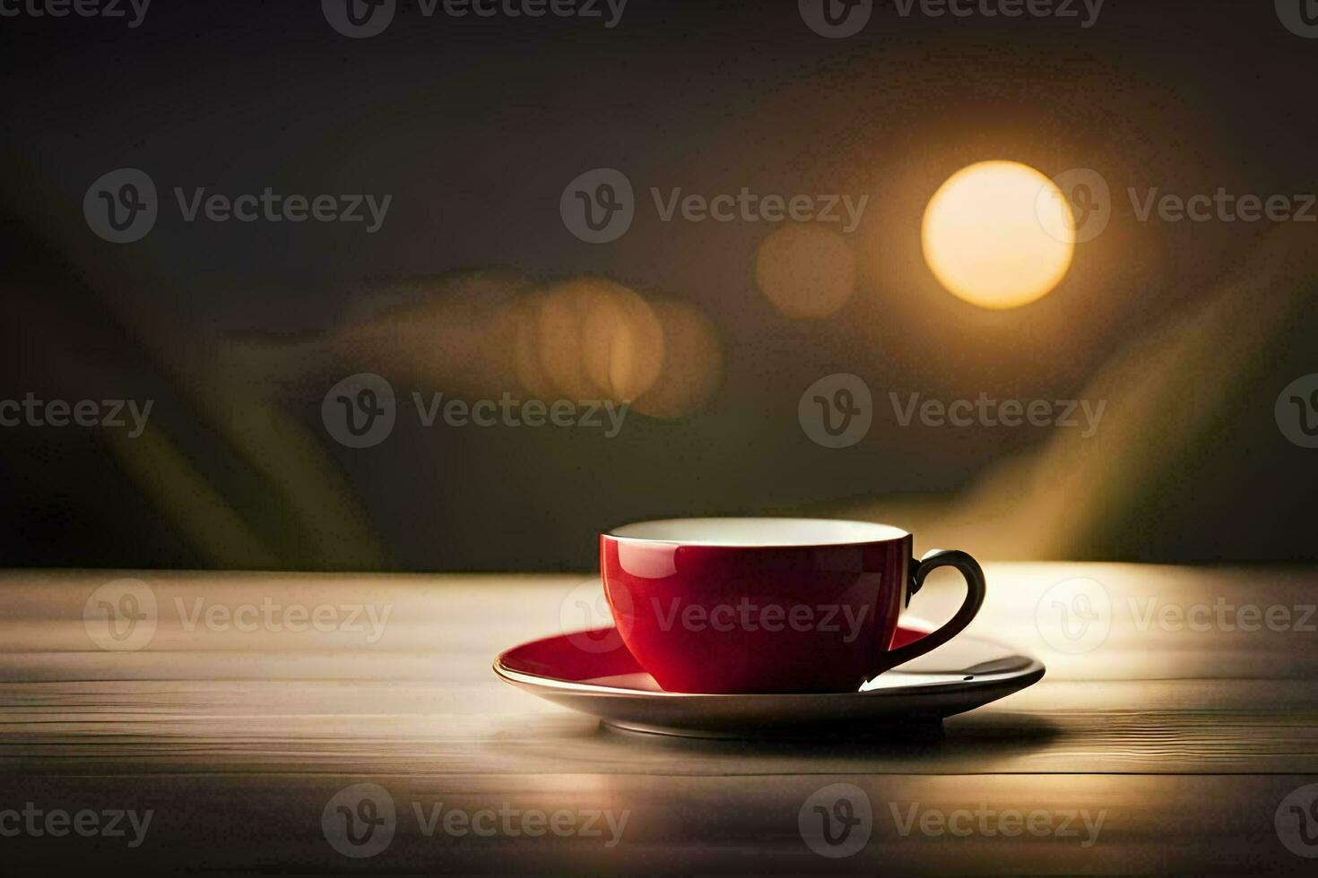 a red cup sits on a wooden table with a blurred background. AI-Generated photo