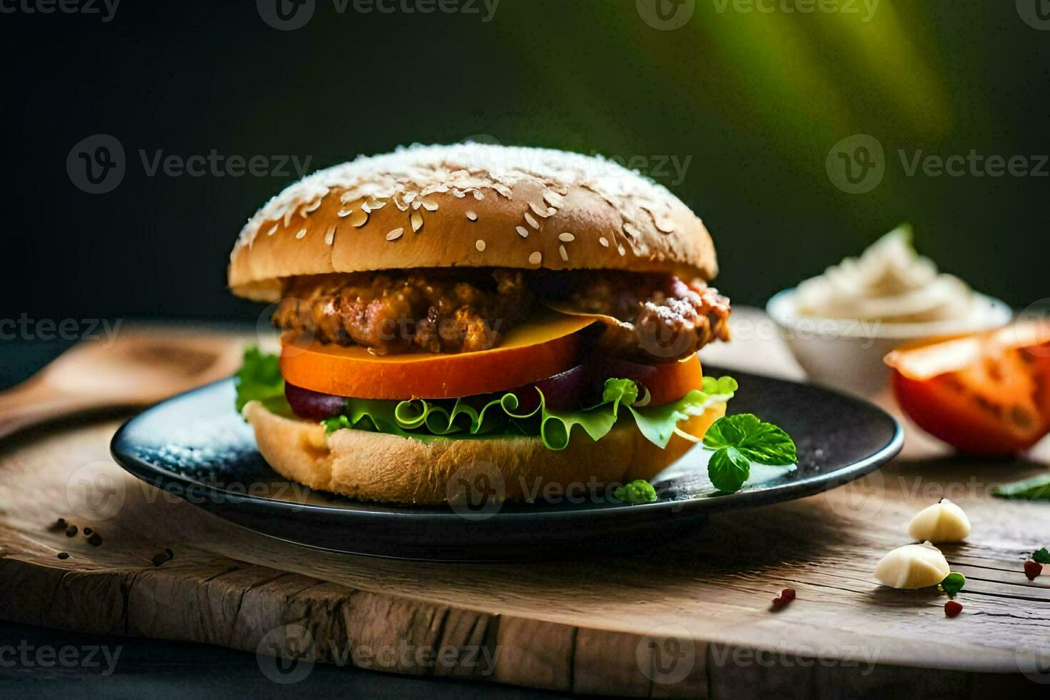 a hamburger with vegetables and sauce on a plate. AI-Generated photo
