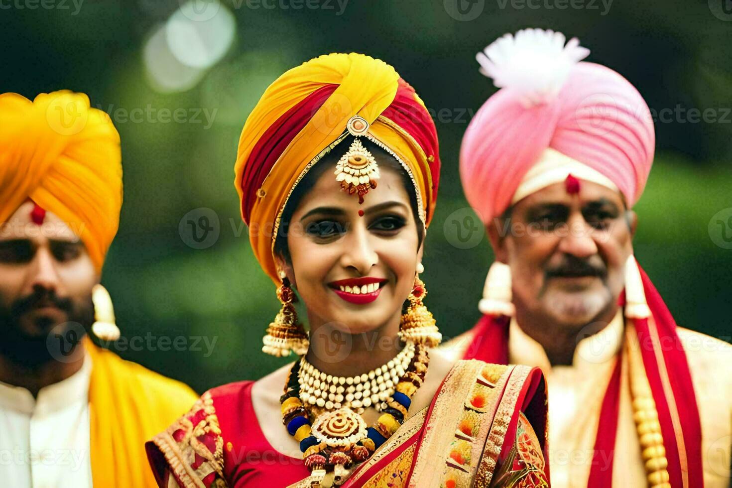 un novia y novio en tradicional indio atuendo. generado por ai foto