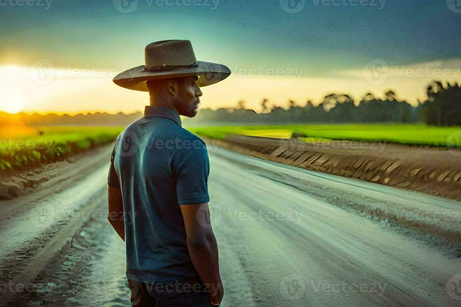 a man in a hat stands on a dirt road at sunset. AI-Generated photo