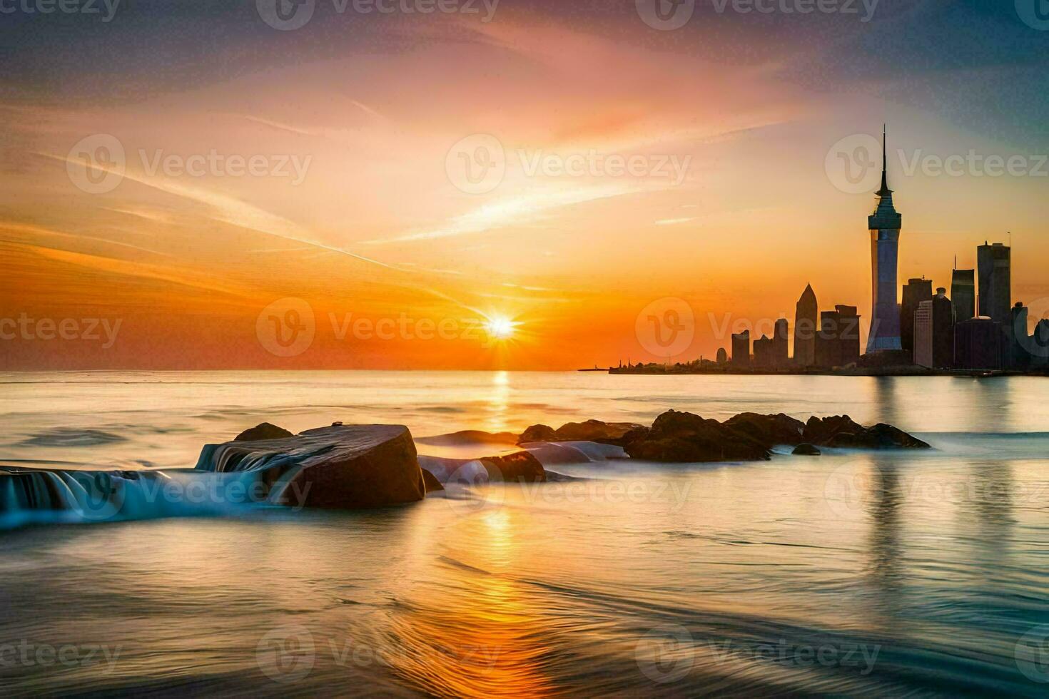 the sun sets over the city skyline in shanghai. AI-Generated photo