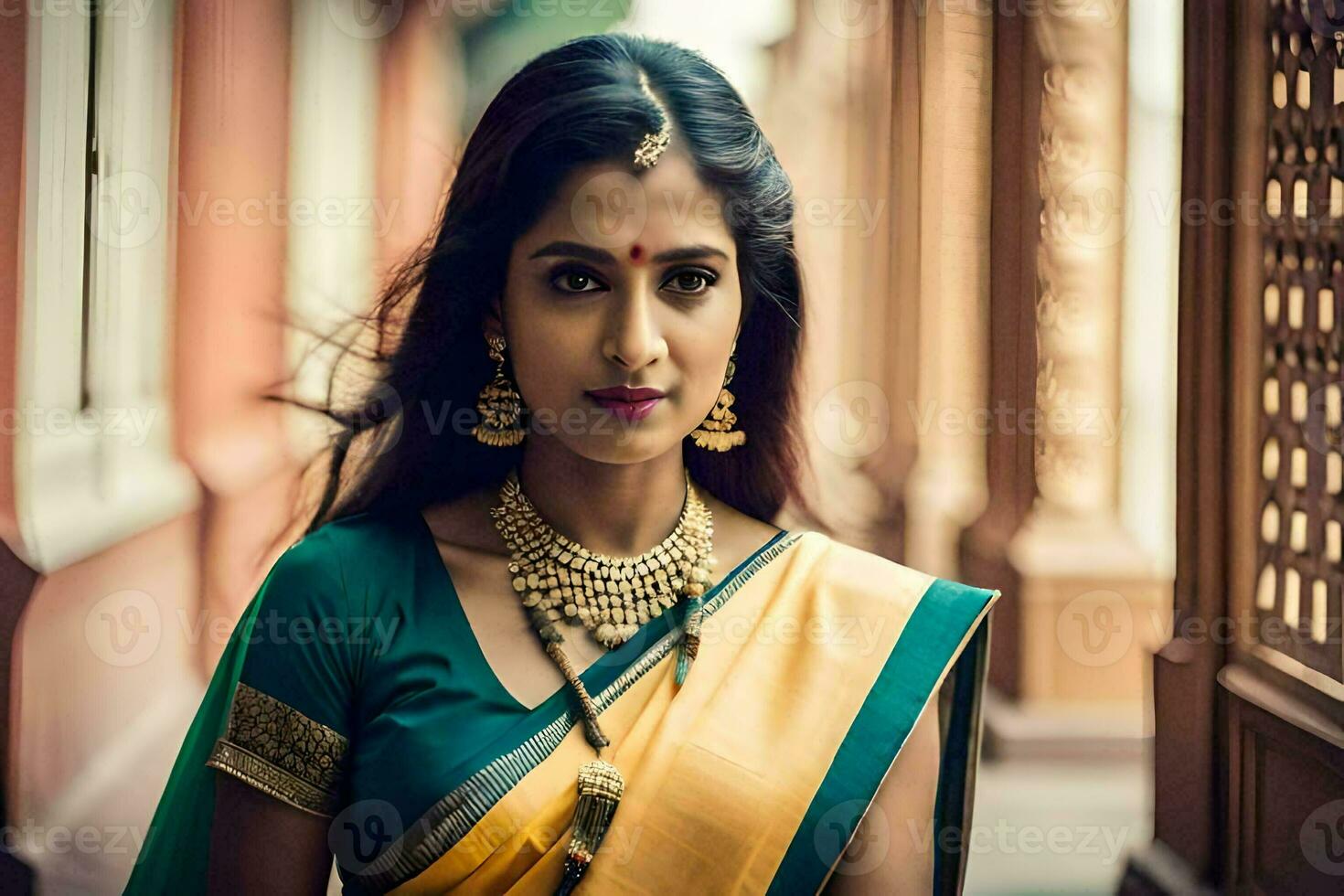 a beautiful indian woman in a yellow and green sari. AI-Generated photo