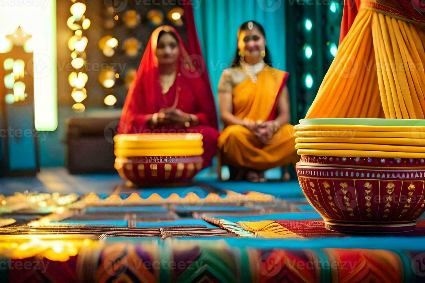 women in colorful saris sit on a rug and look at bowls. AI-Generated photo