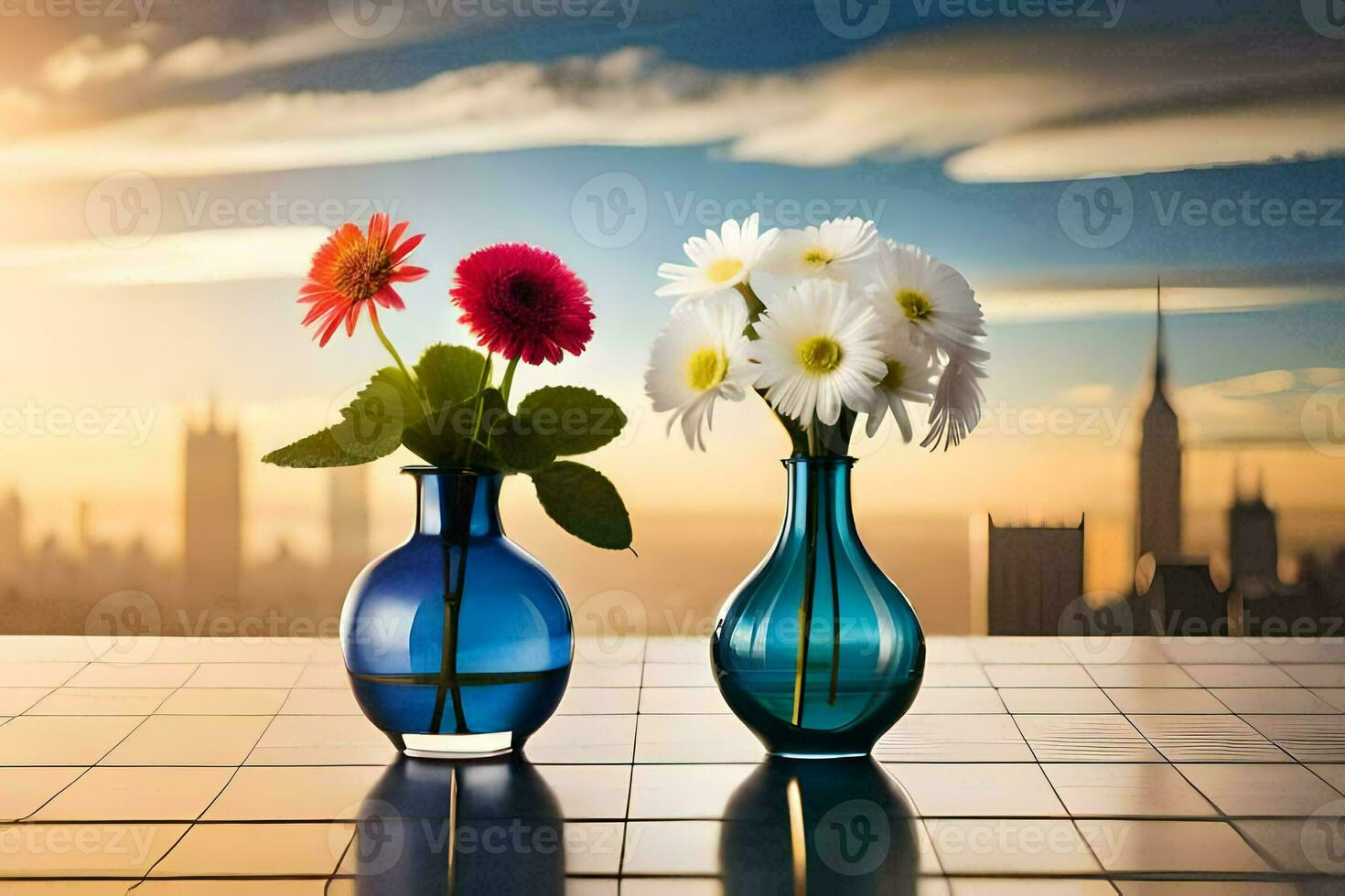 two vases with flowers on a table with a city in the background. AI-Generated photo