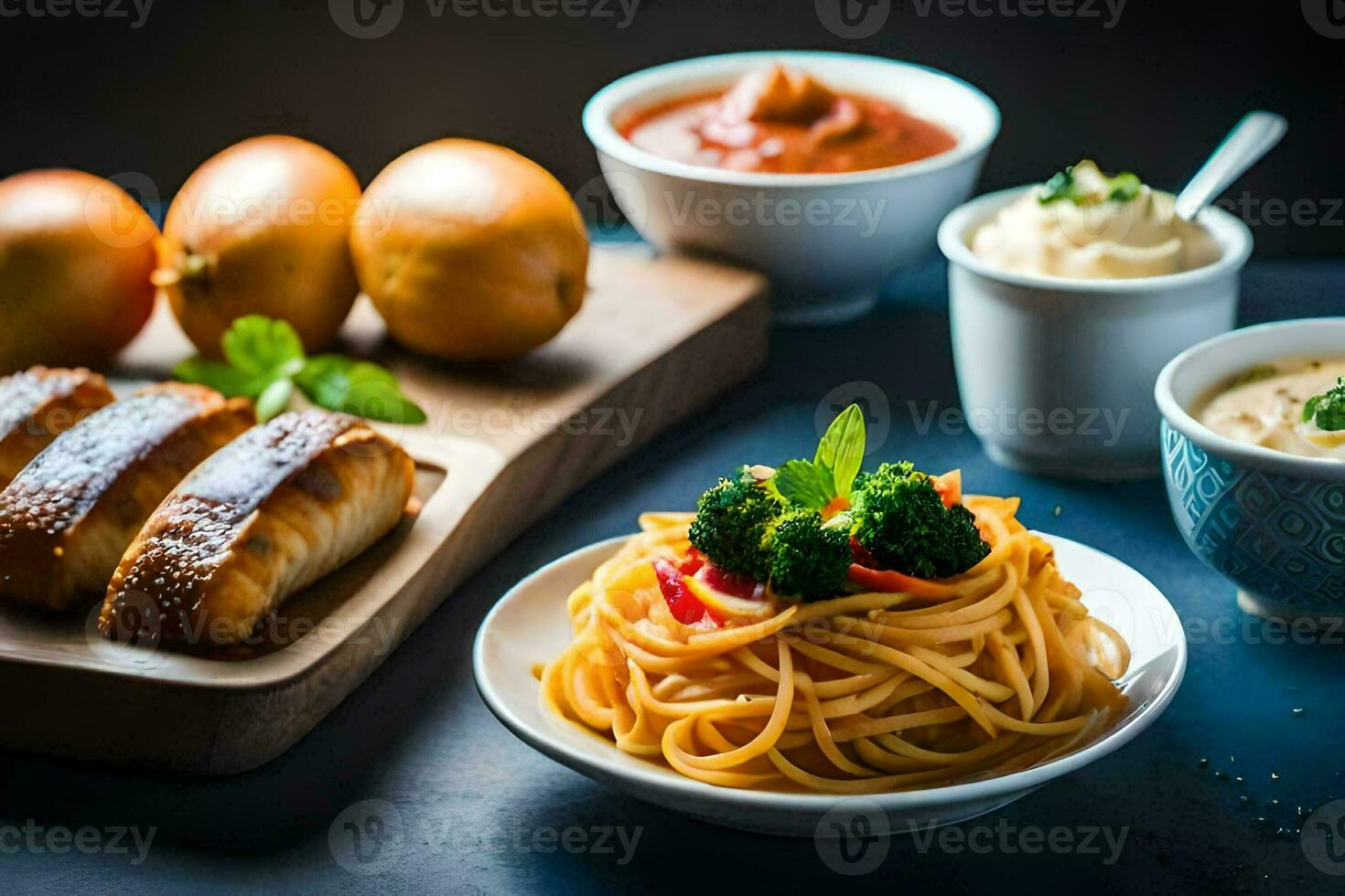 spaghetti, bread and other foods on a table. AI-Generated photo