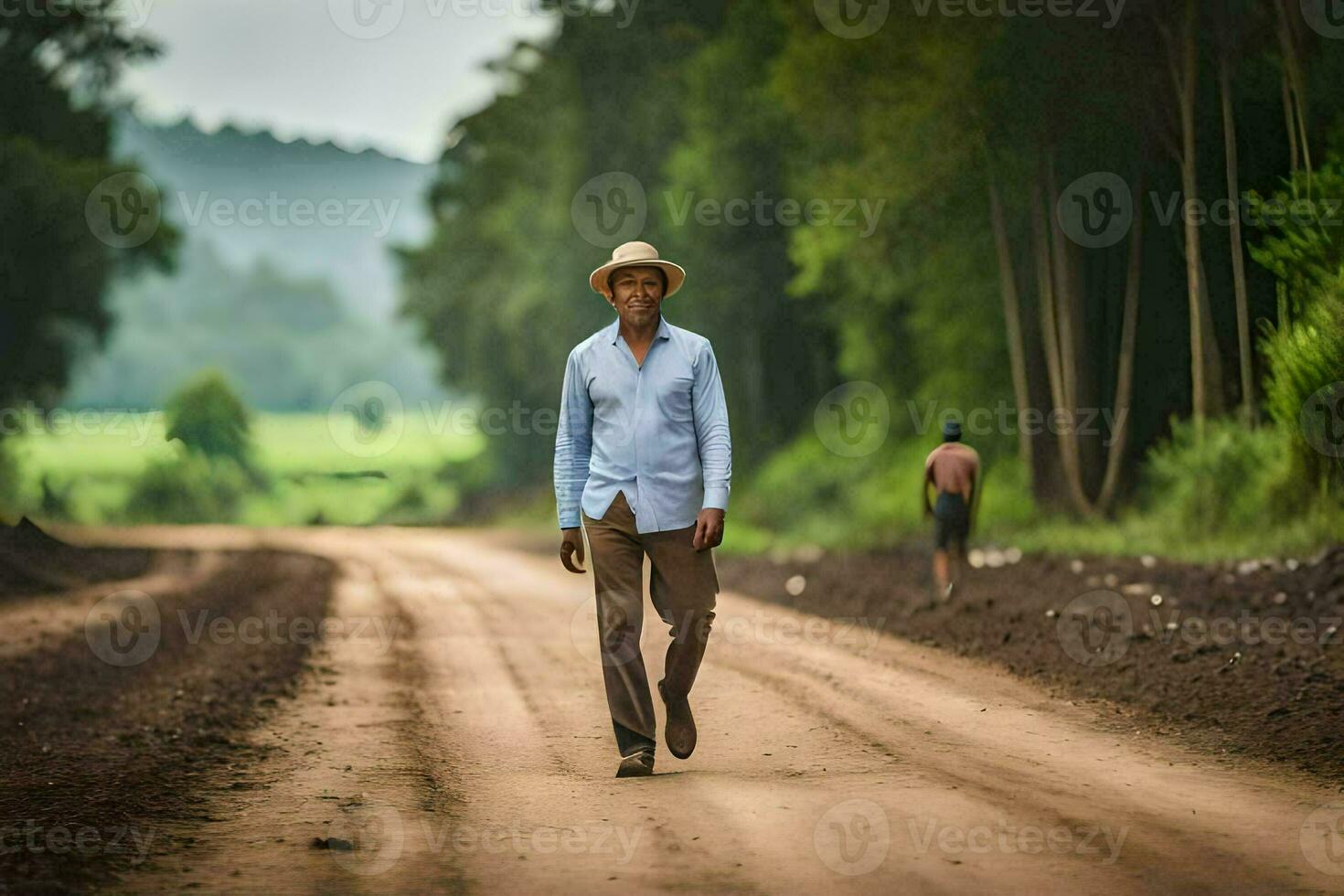 a man walking down a dirt road in the middle of the forest. AI-Generated photo