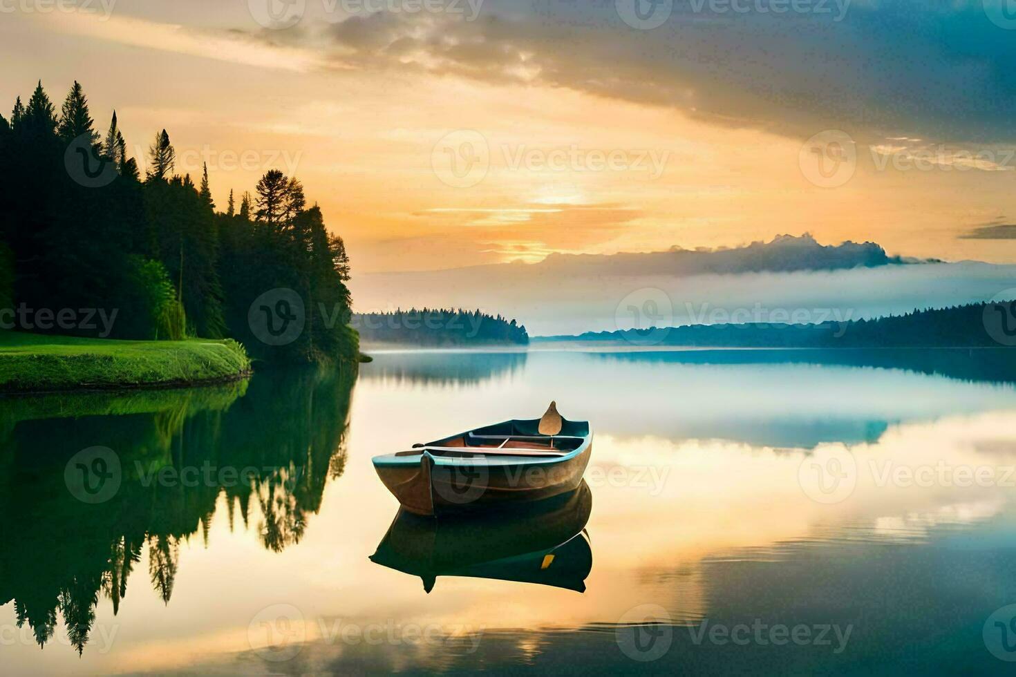 a boat sits on the calm water at sunset. AI-Generated photo