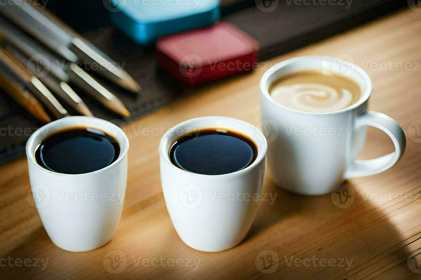 Tres tazas de café en un mesa. generado por ai foto