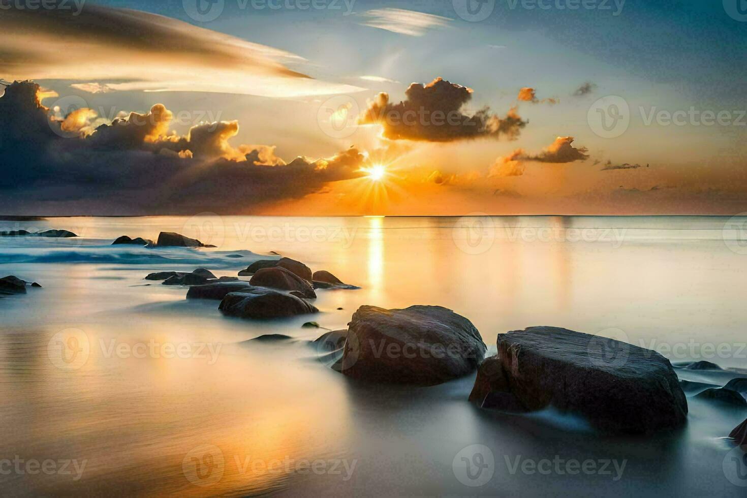 sunset over the ocean with rocks and water. AI-Generated photo