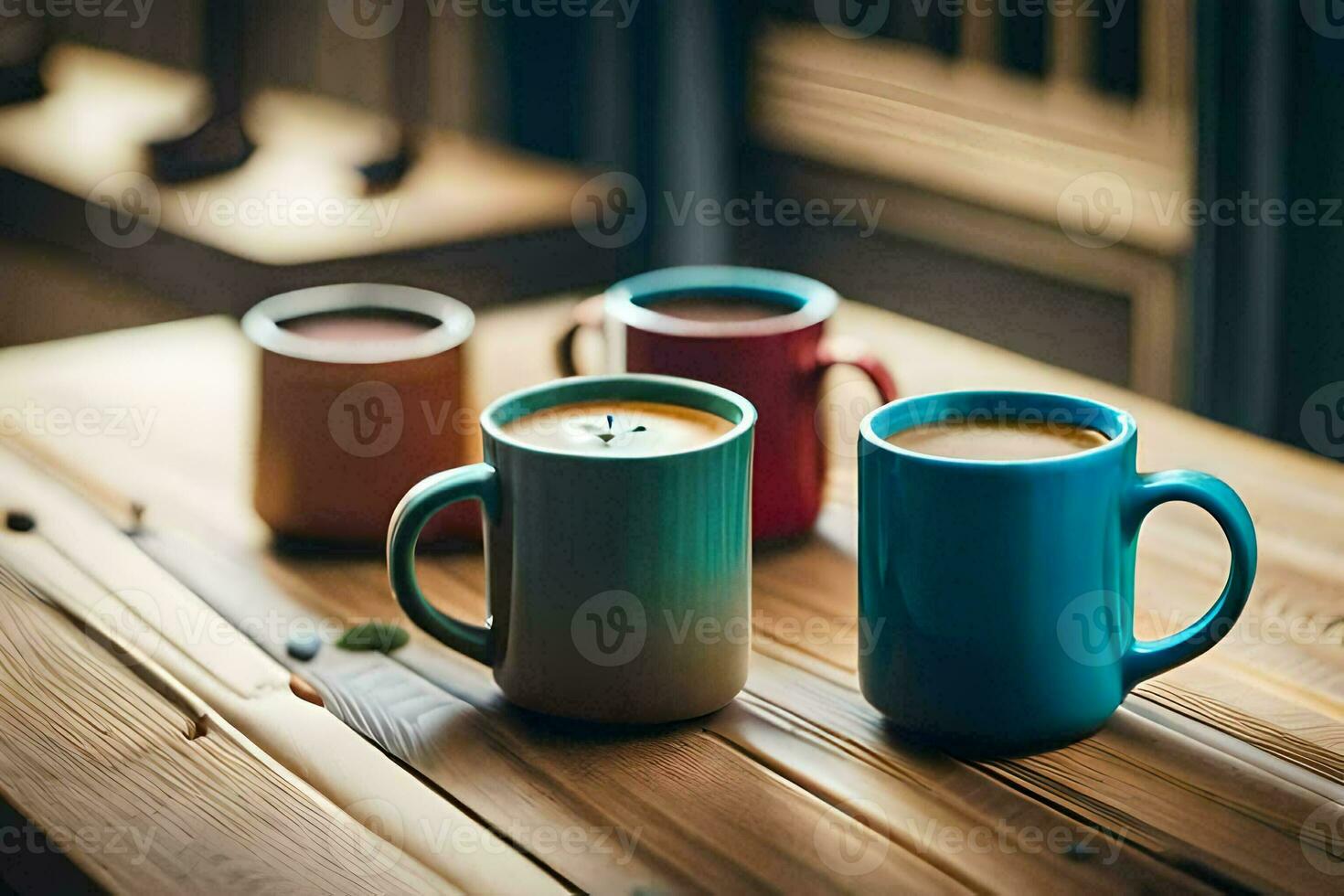 four colorful coffee mugs on a wooden table. AI-Generated photo