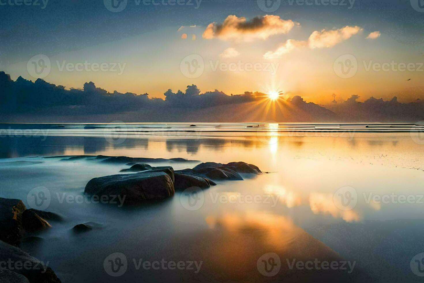 the sun rises over the ocean and rocks. AI-Generated photo
