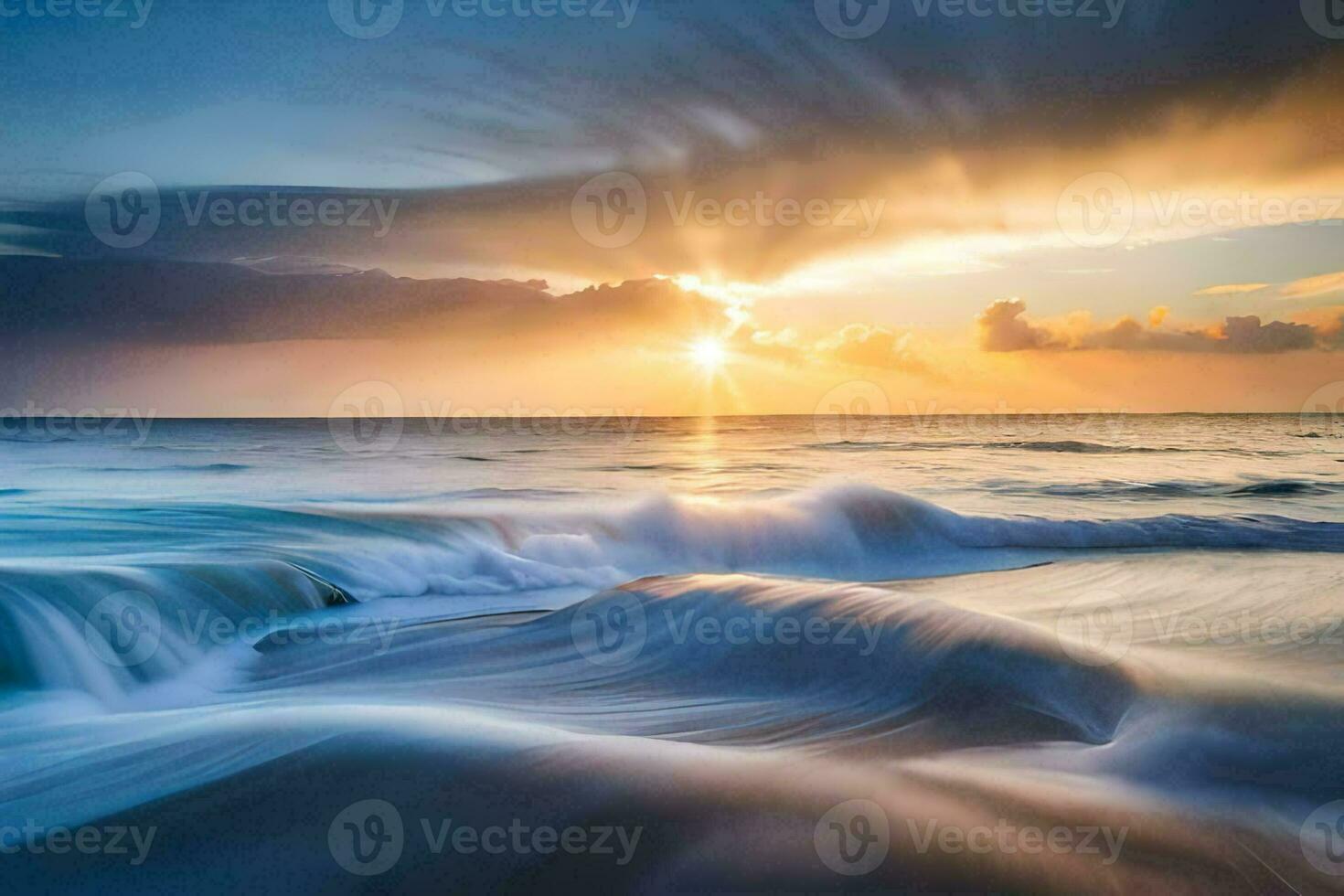 a beautiful sunset over the ocean with waves crashing into the shore. AI-Generated photo