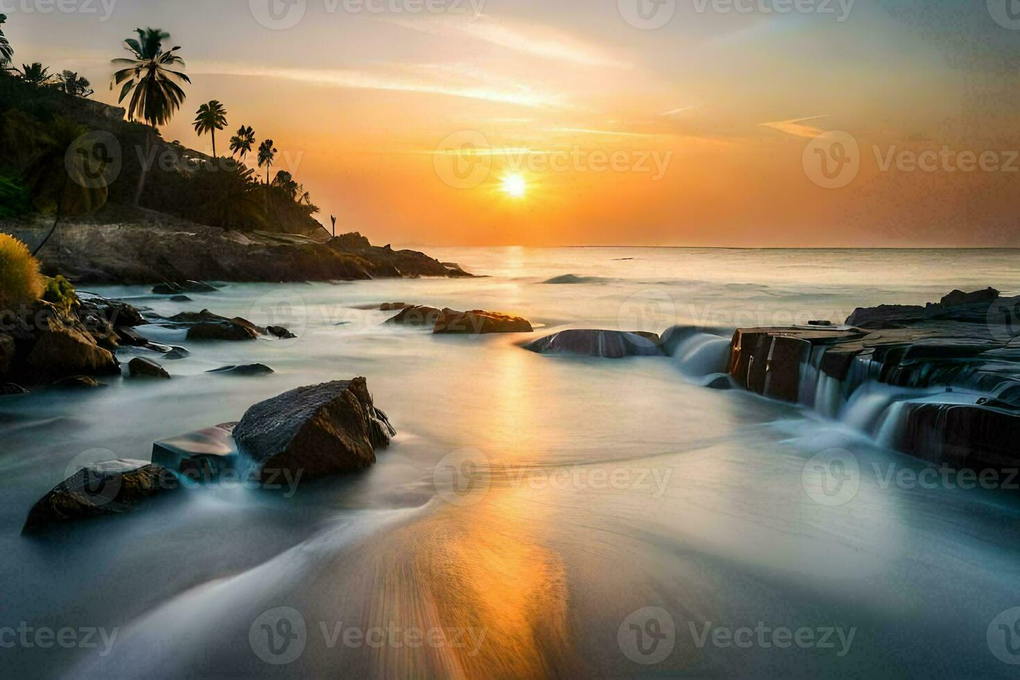 the sun sets over the ocean in this long exposure photograph. AI-Generated photo