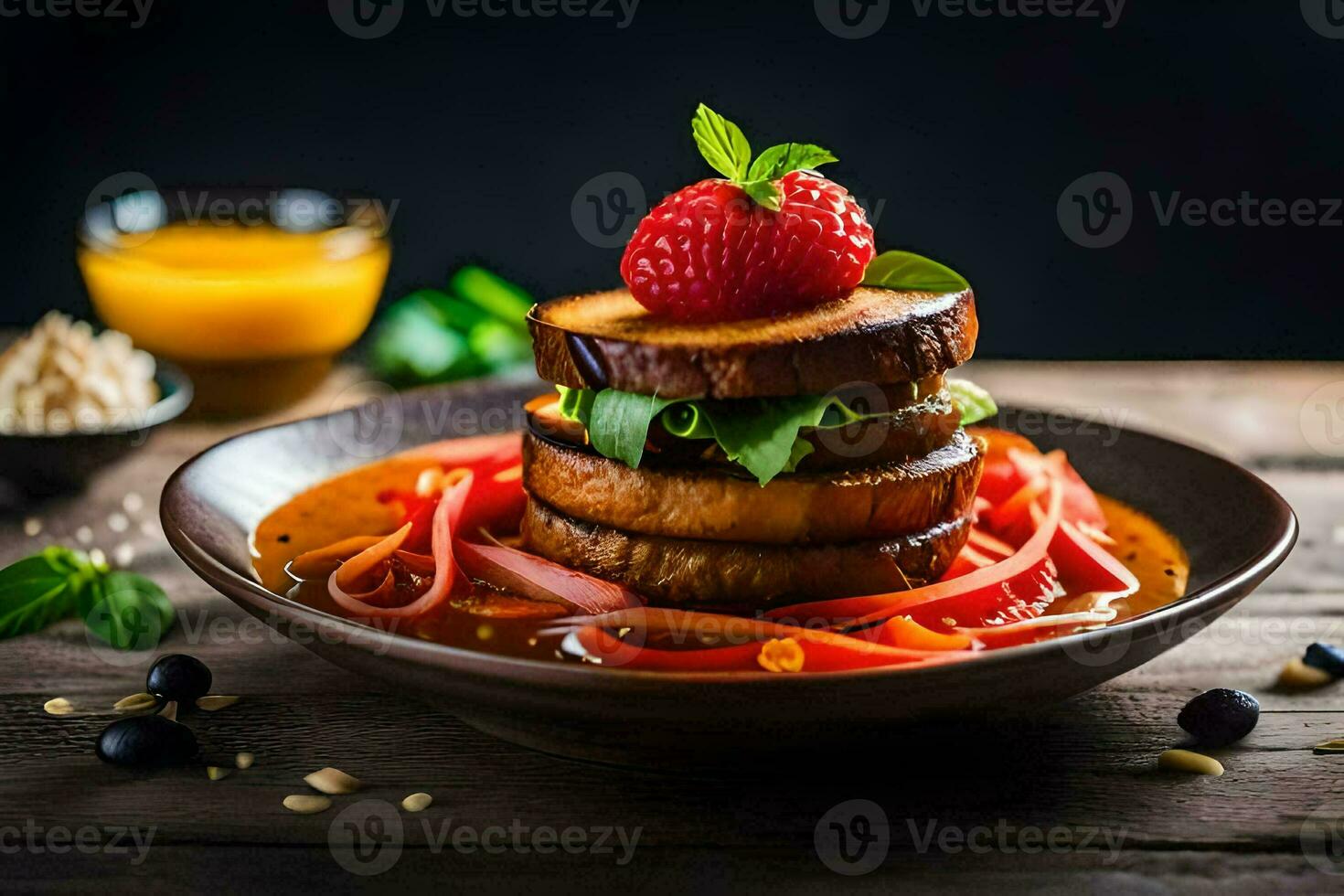 a stack of food on a plate with strawberries. AI-Generated photo
