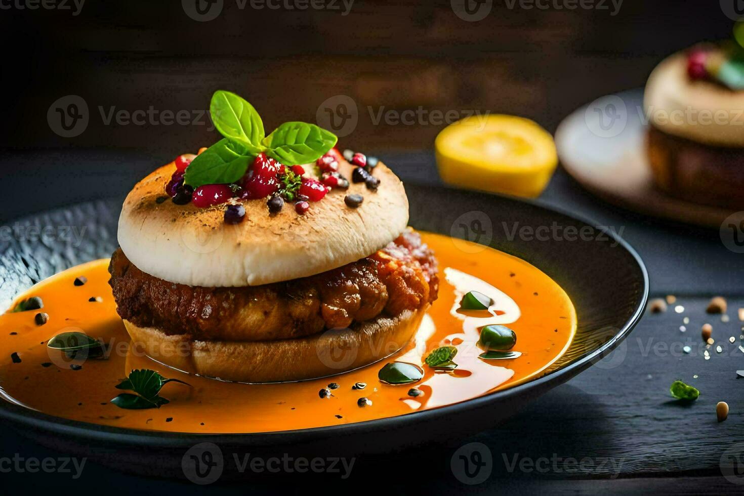 a plate with a burger and sauce on it. AI-Generated photo