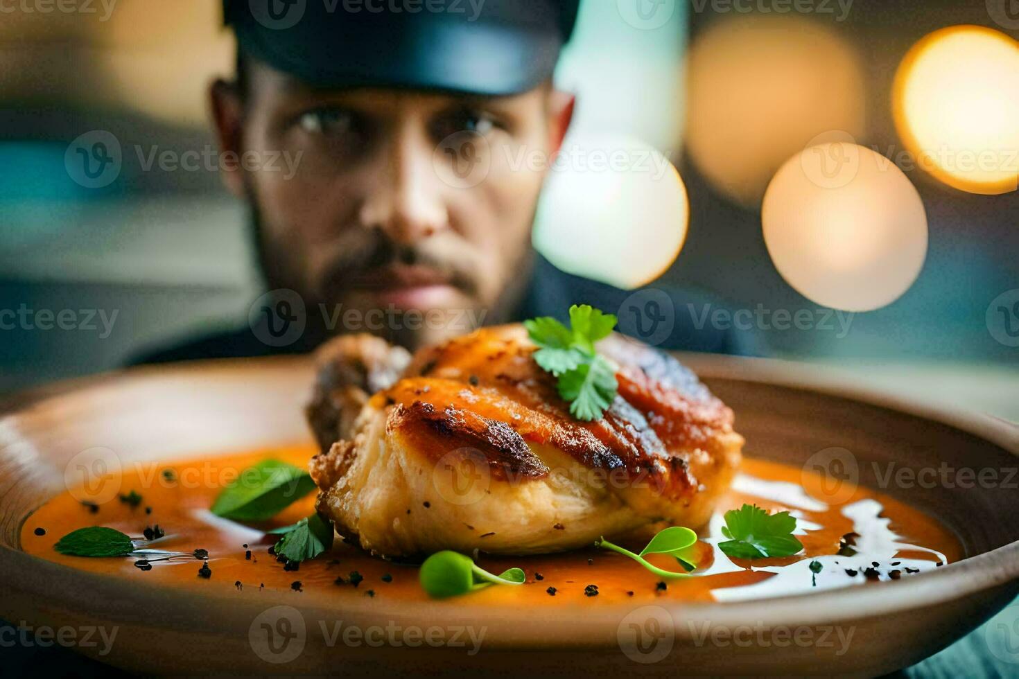 un cocinero es participación un plato con un pollo plato. generado por ai foto