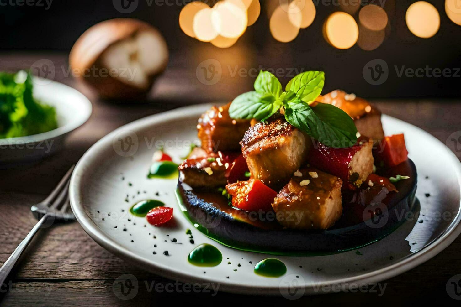 a plate with food on it and a fork. AI-Generated photo