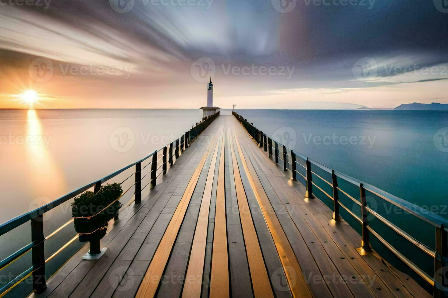 un largo exposición fotografía de un muelle a puesta de sol. generado por ai foto