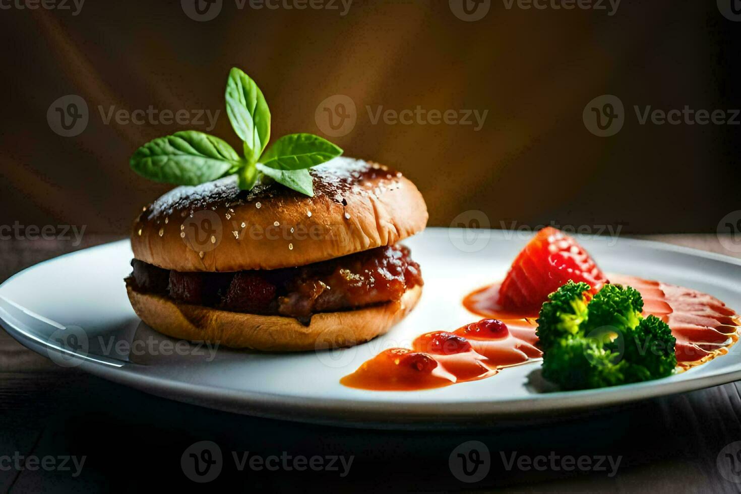 a hamburger with sauce and vegetables on a white plate. AI-Generated photo