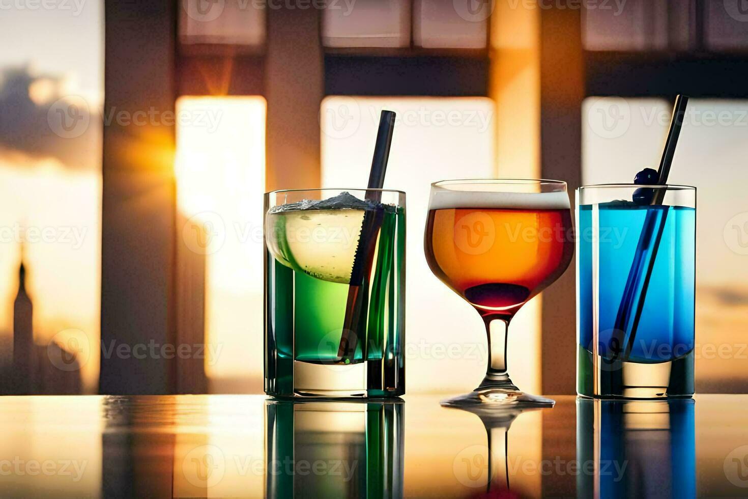 Tres lentes de diferente de colores bebidas en un mesa. generado por ai foto