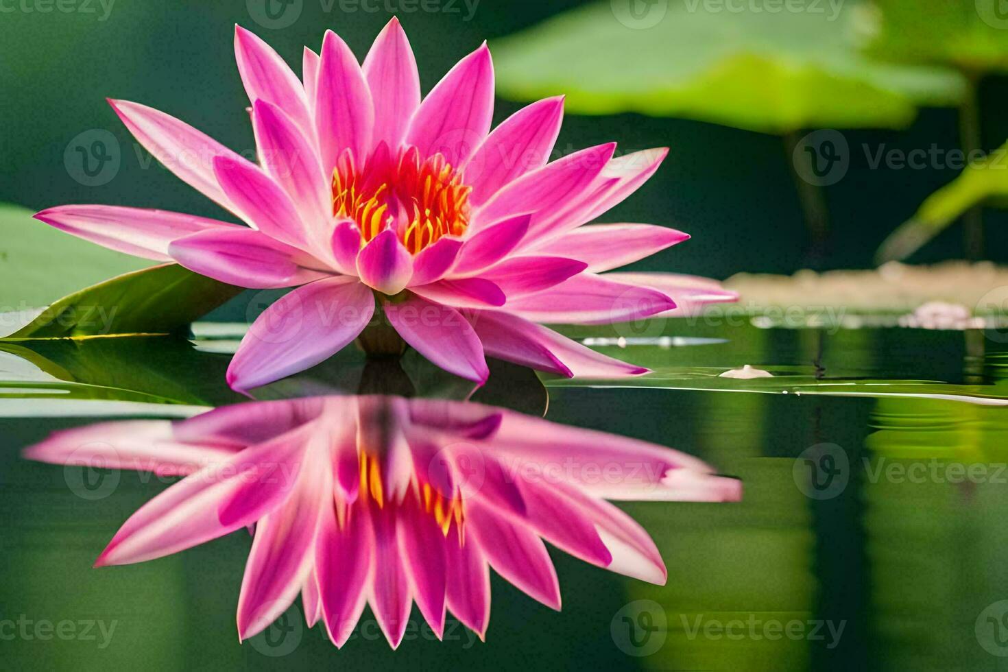rosado loto flor en agua con verde hojas. generado por ai foto