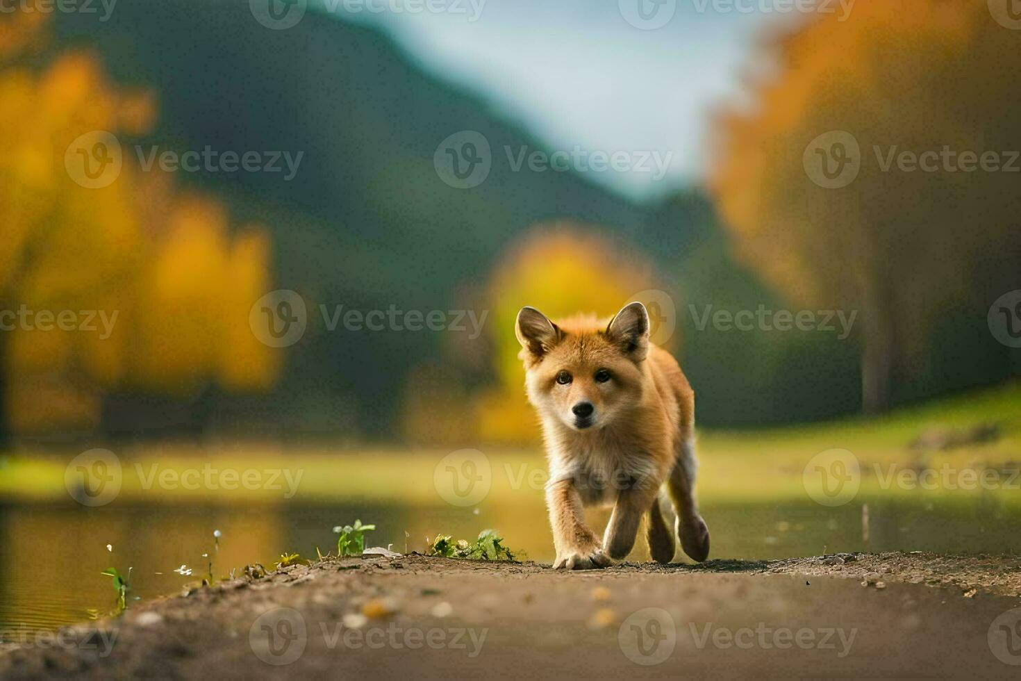 a fox walking along a path near a lake. AI-Generated photo