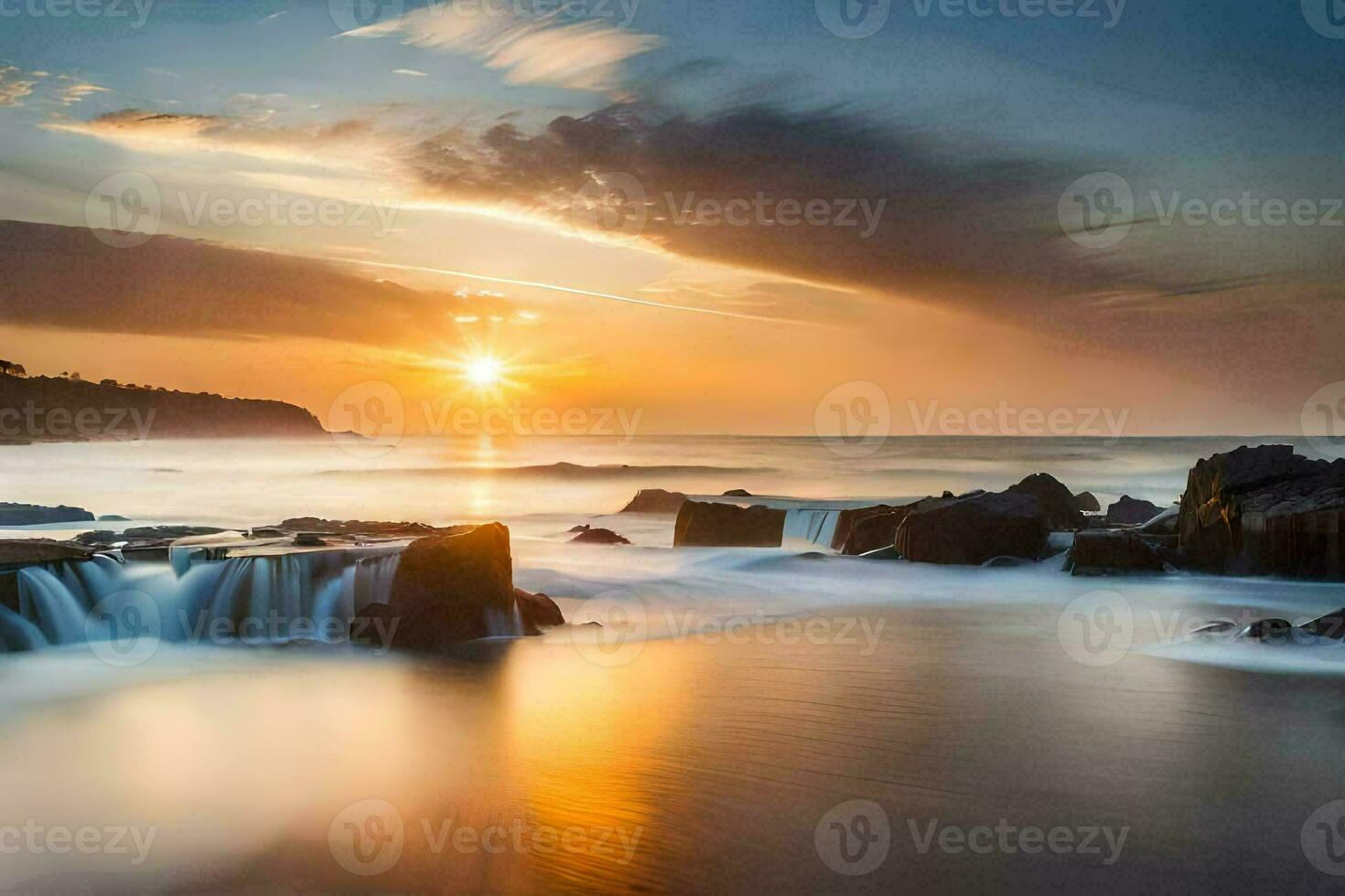 sunset over the ocean with rocks and water. AI-Generated photo