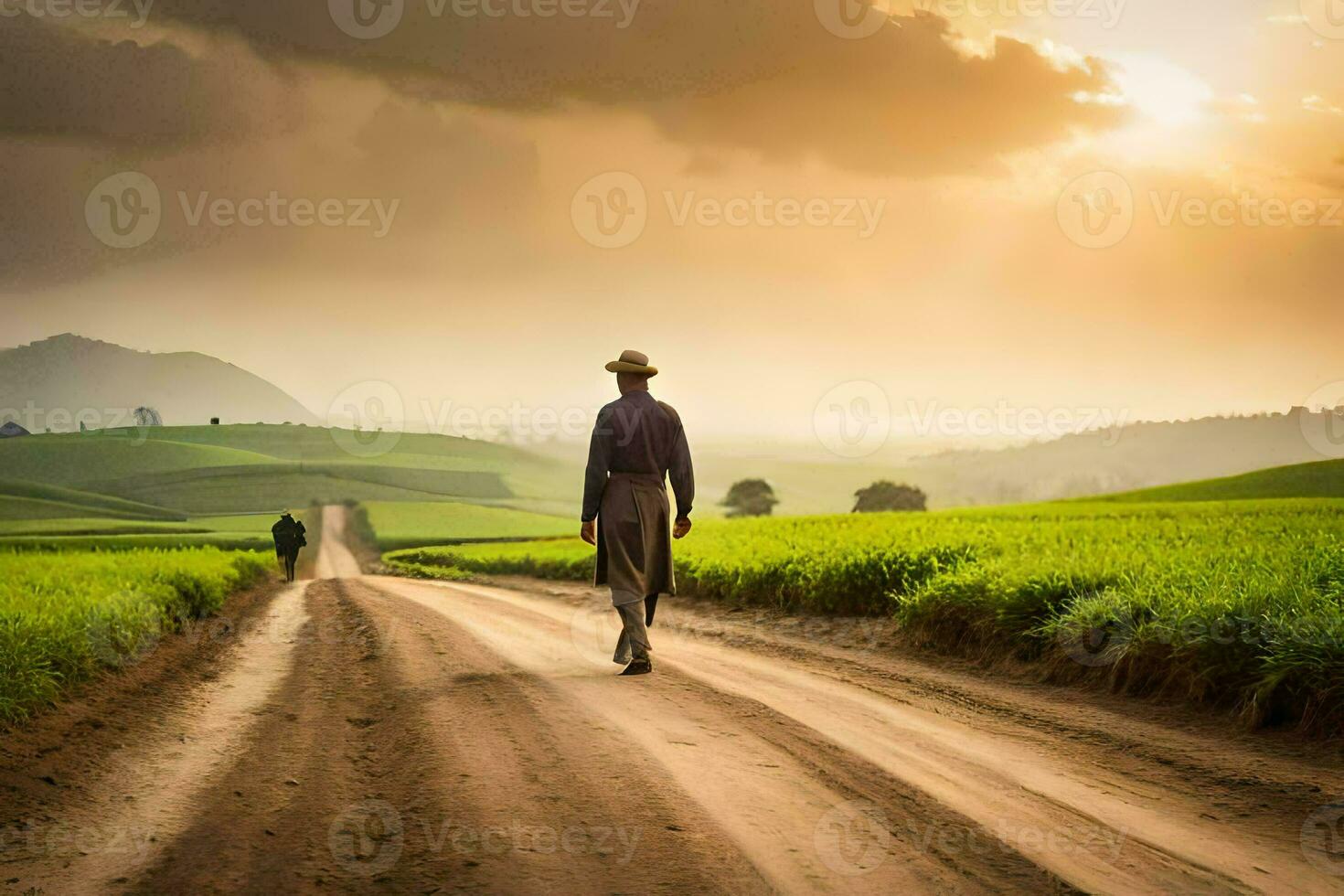 a man walking down a dirt road in the middle of a green field. AI-Generated photo