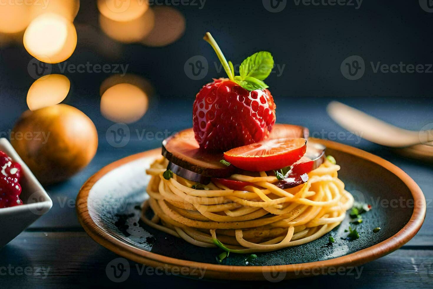 spaghetti with strawberries and tomatoes on a plate. AI-Generated photo