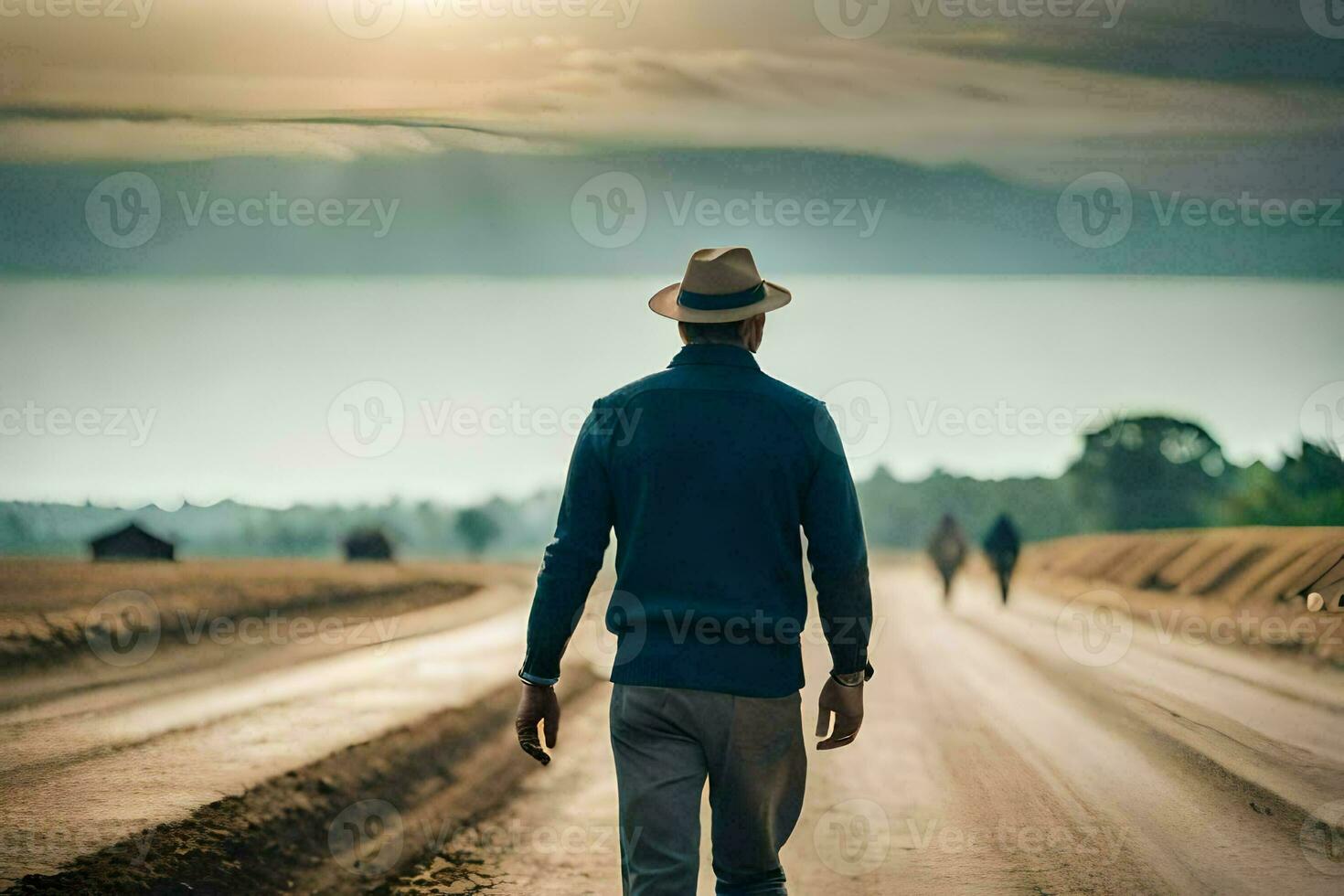 a man walking down a dirt road with a hat on. AI-Generated photo