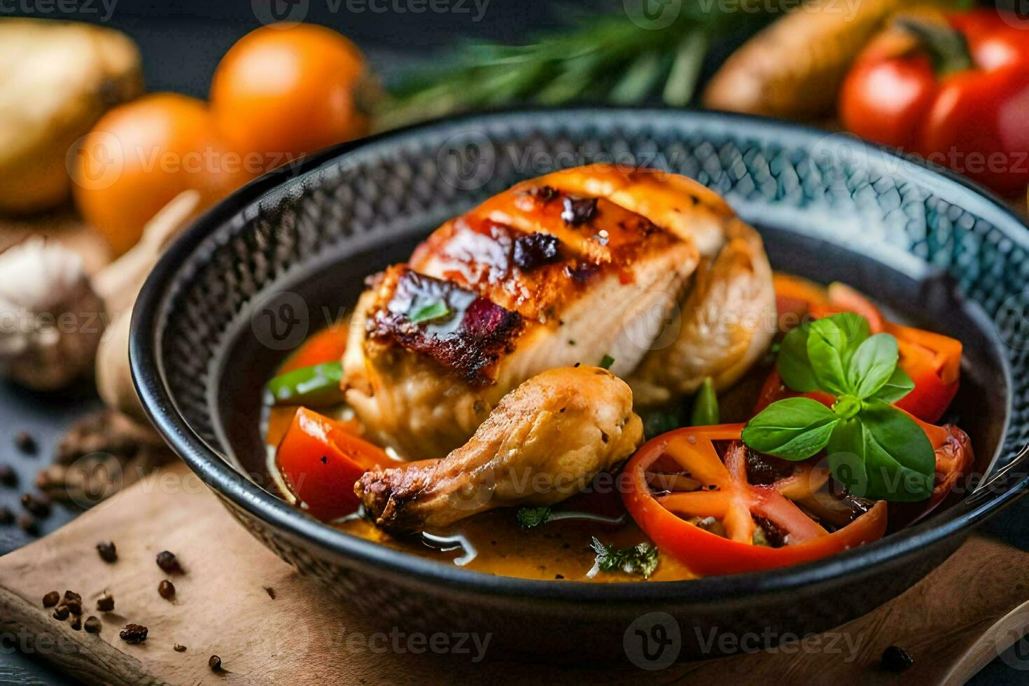 pollo pecho con vegetales y hierbas en un negro antecedentes. generado por ai foto