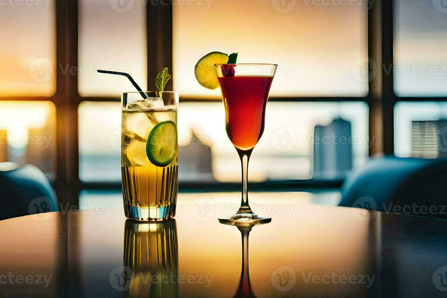 dos bebidas sentar en un mesa en frente de un ciudad horizonte. generado por ai foto