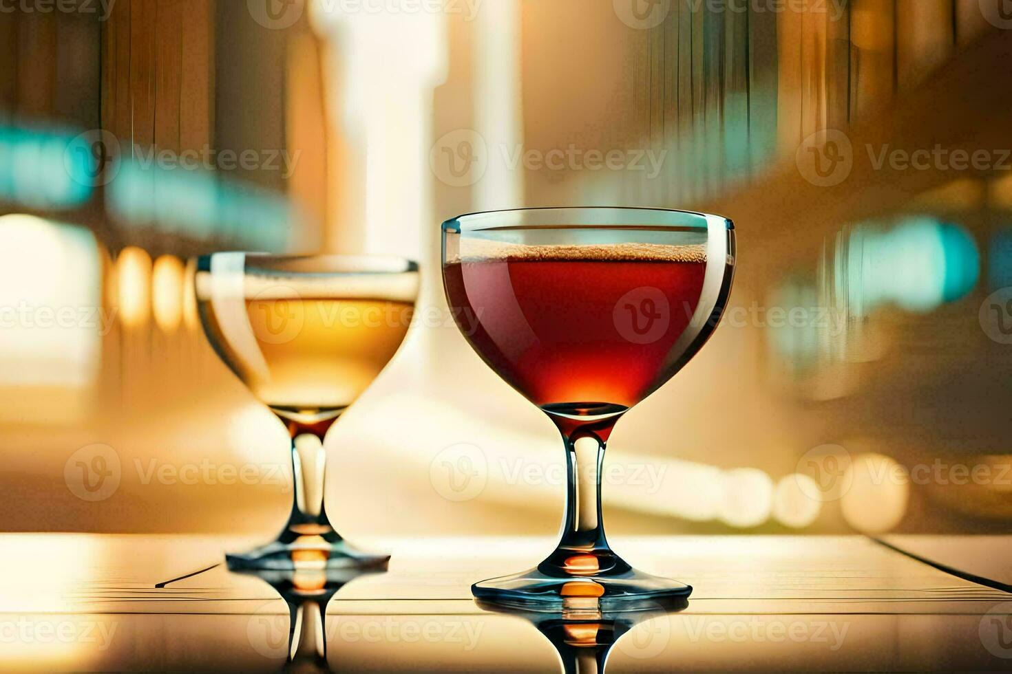 two glasses of wine on a table in front of a city. AI-Generated photo