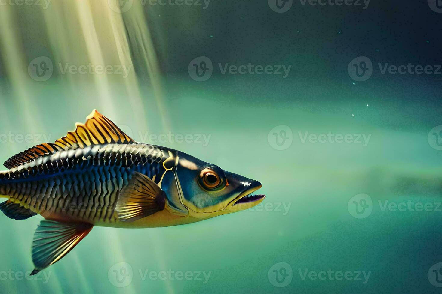 a fish swimming in the water with sunlight shining on it. AI-Generated photo
