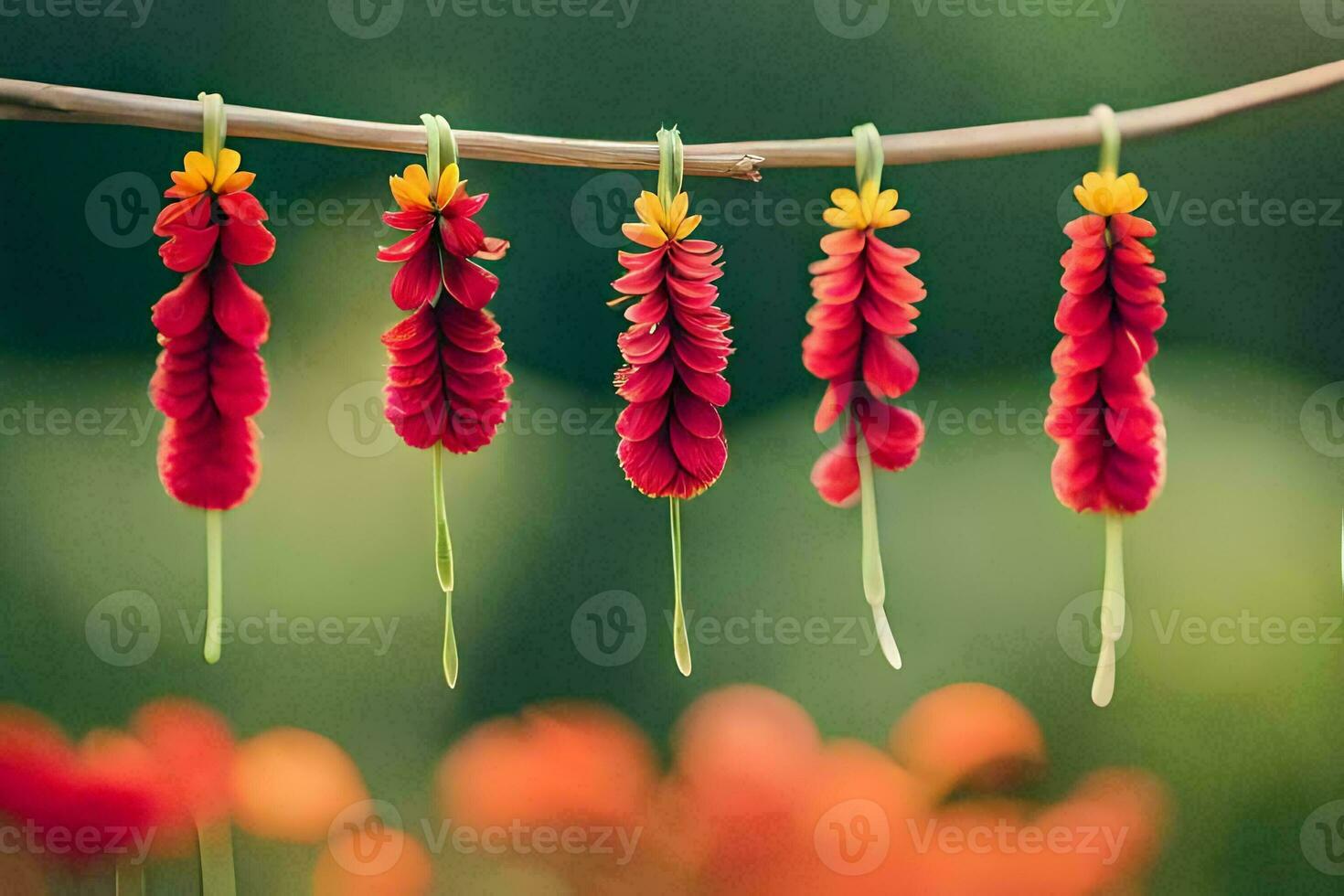 red flowers hanging from a branch. AI-Generated photo