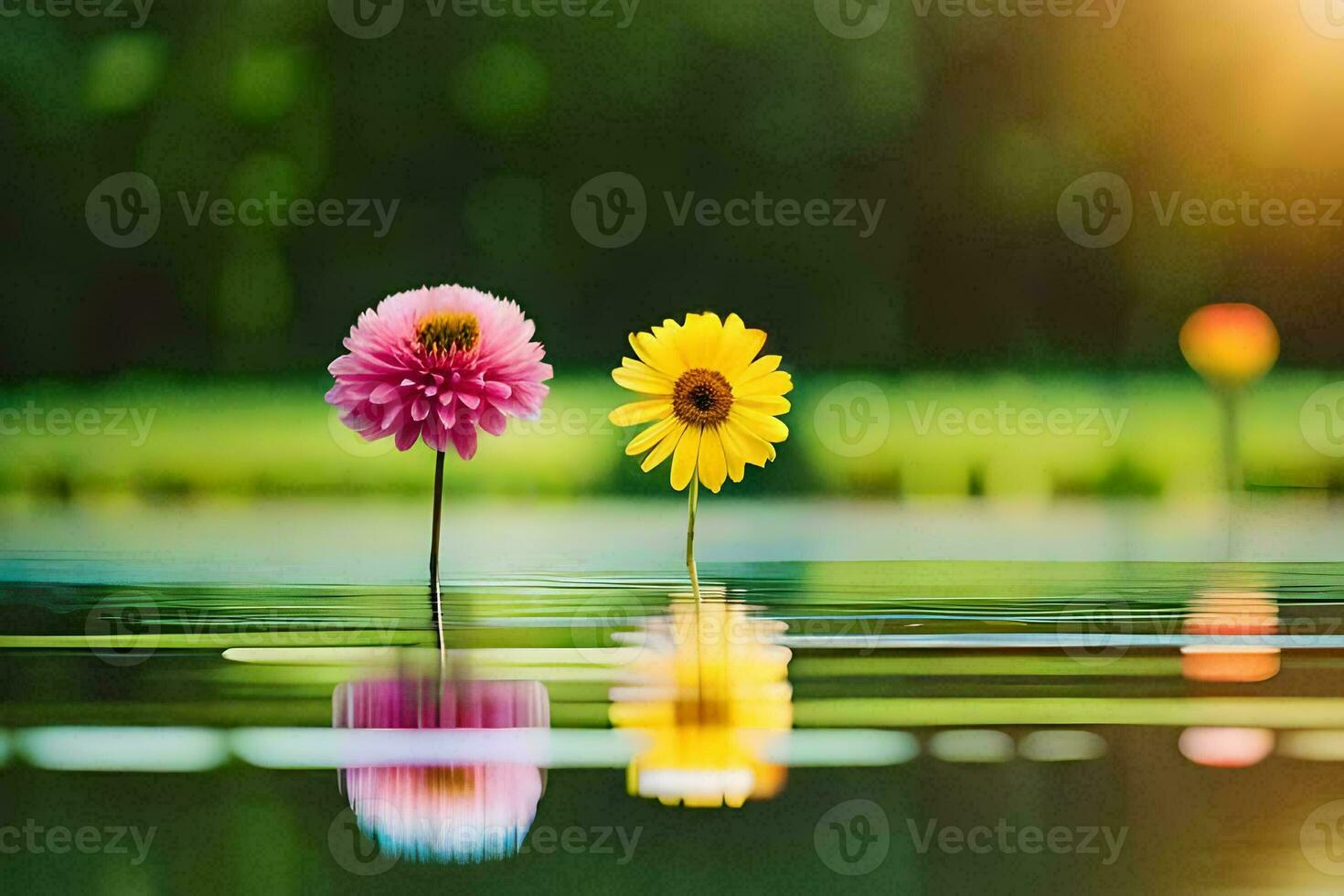 two flowers are standing in the water with the sun shining. AI-Generated photo