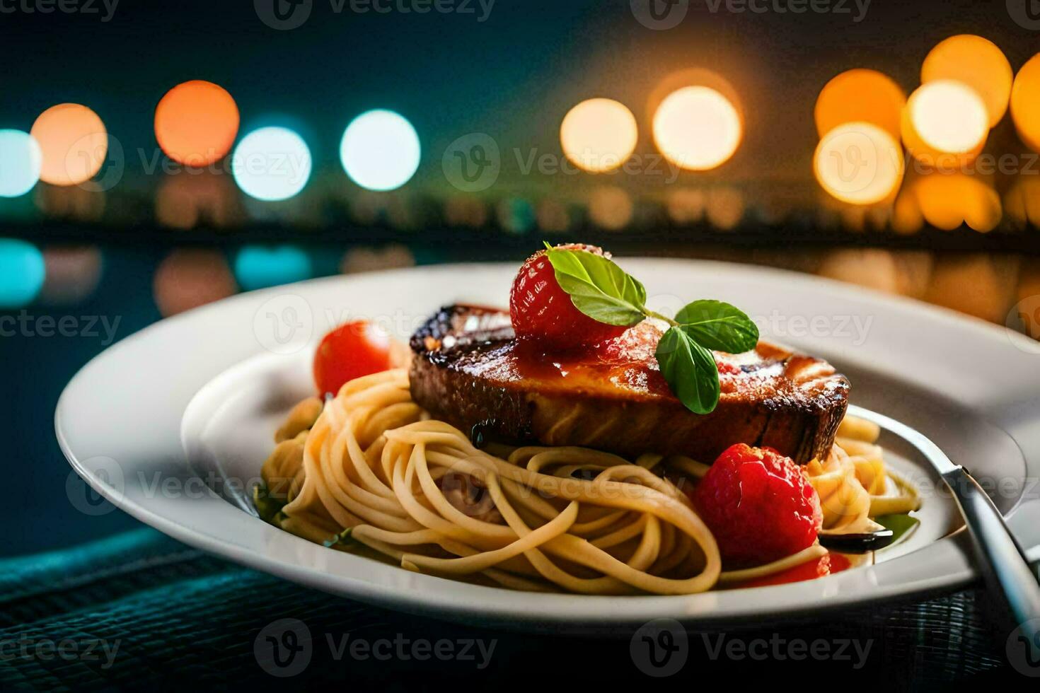 a plate of spaghetti with meat and berries. AI-Generated photo