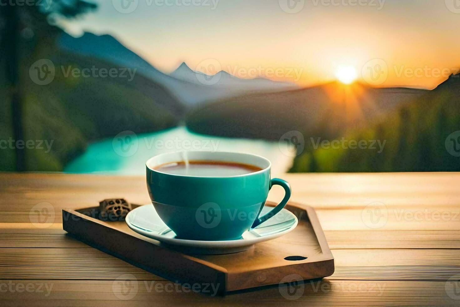 Hot coffee mug on table with high mountain view in the morning. Ai  generated 31708803 Stock Photo at Vecteezy