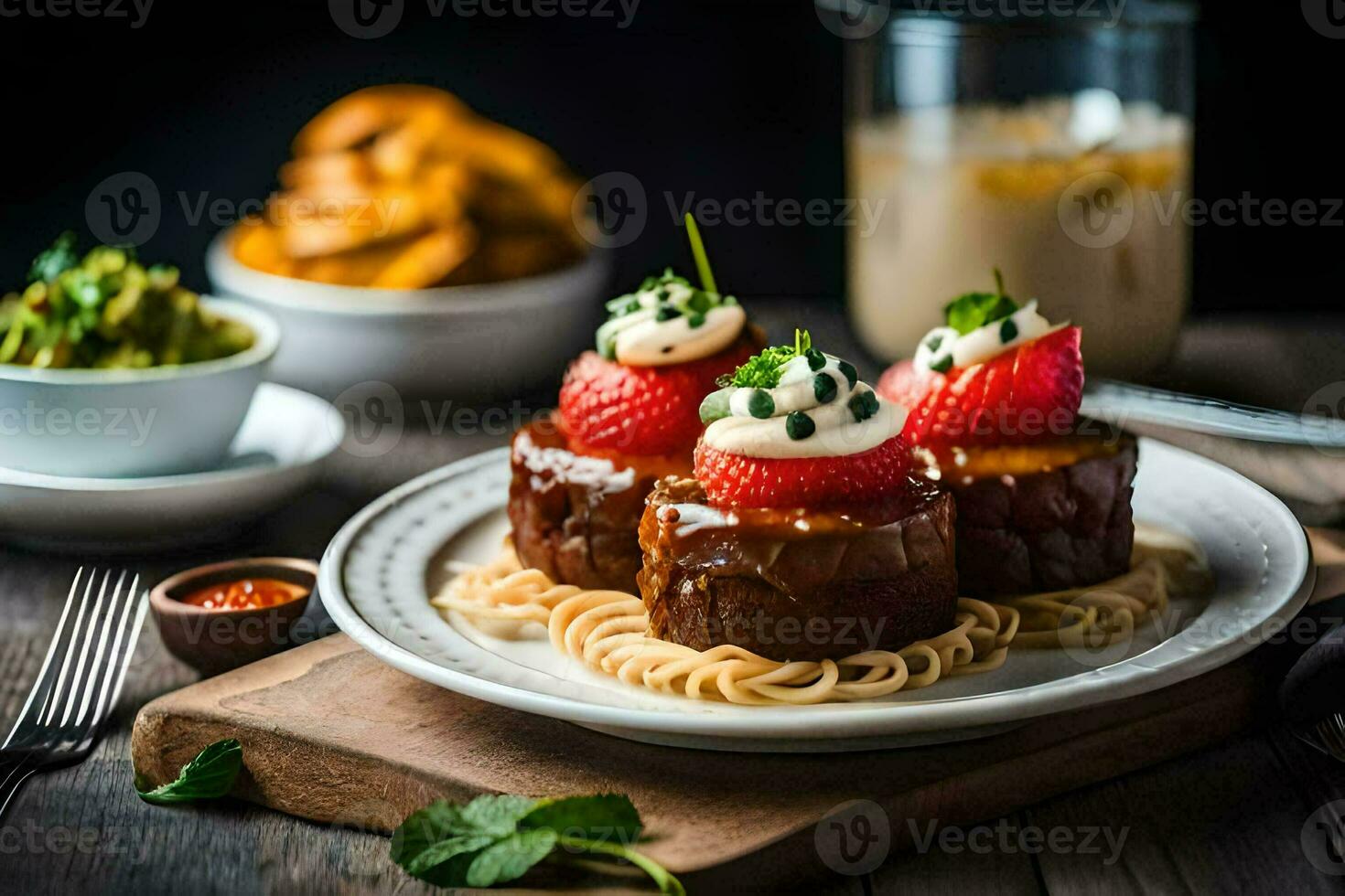 three pieces of meat with strawberries on top. AI-Generated photo
