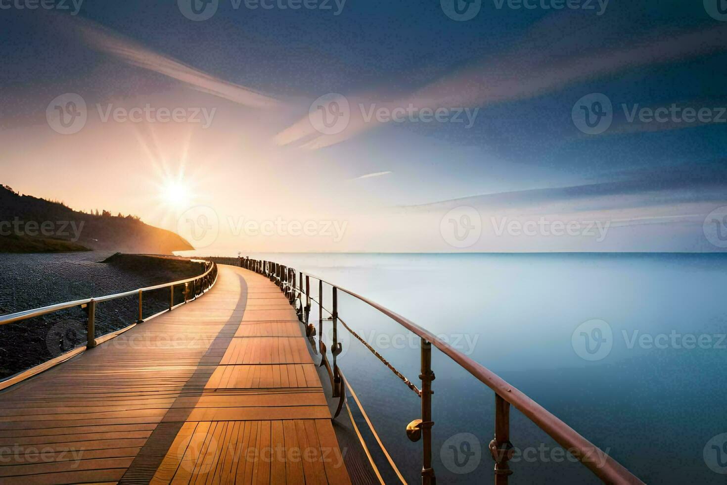 a wooden walkway leads to the ocean at sunset. AI-Generated photo