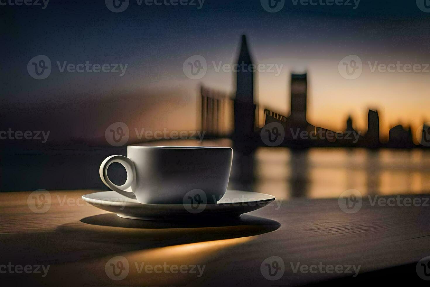 a cup of coffee sits on a table in front of a city skyline. AI-Generated photo