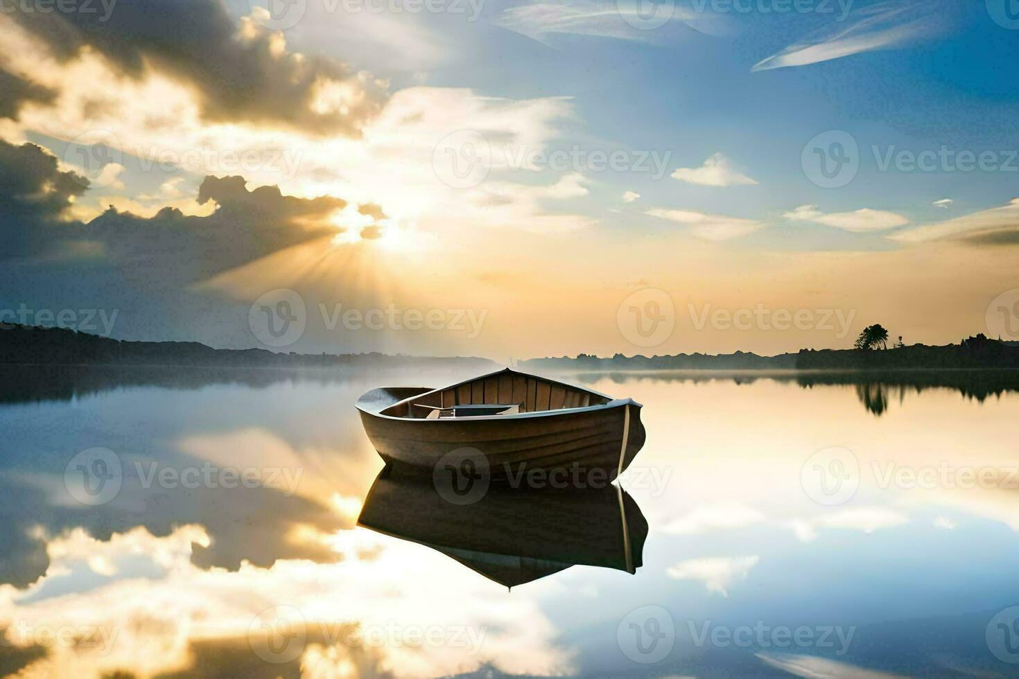 a boat floating on a calm lake at sunset. AI-Generated photo