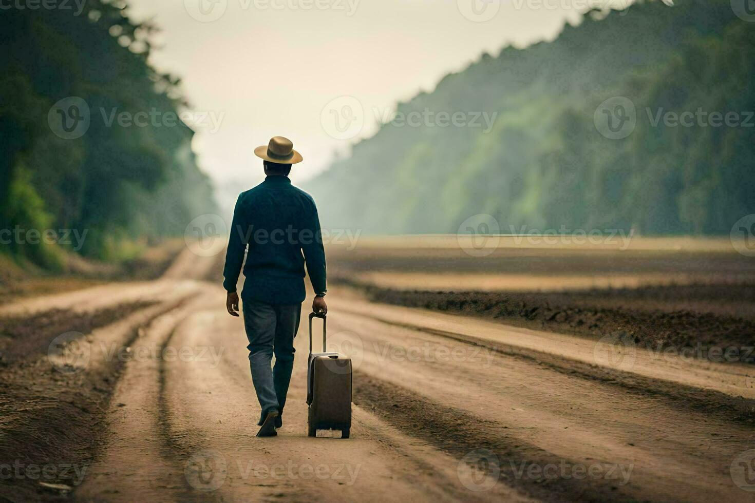 hombre caminando en un suciedad la carretera con un maleta. generado por ai  30859197 Foto de stock en Vecteezy