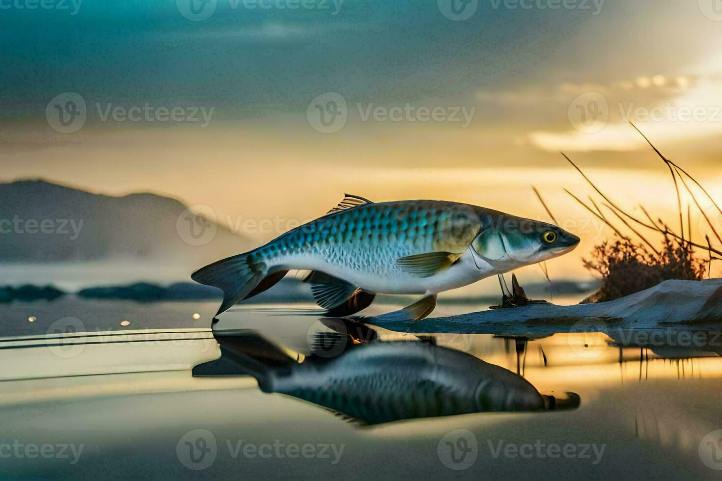 a fish is standing on the shore at sunset. AI-Generated photo