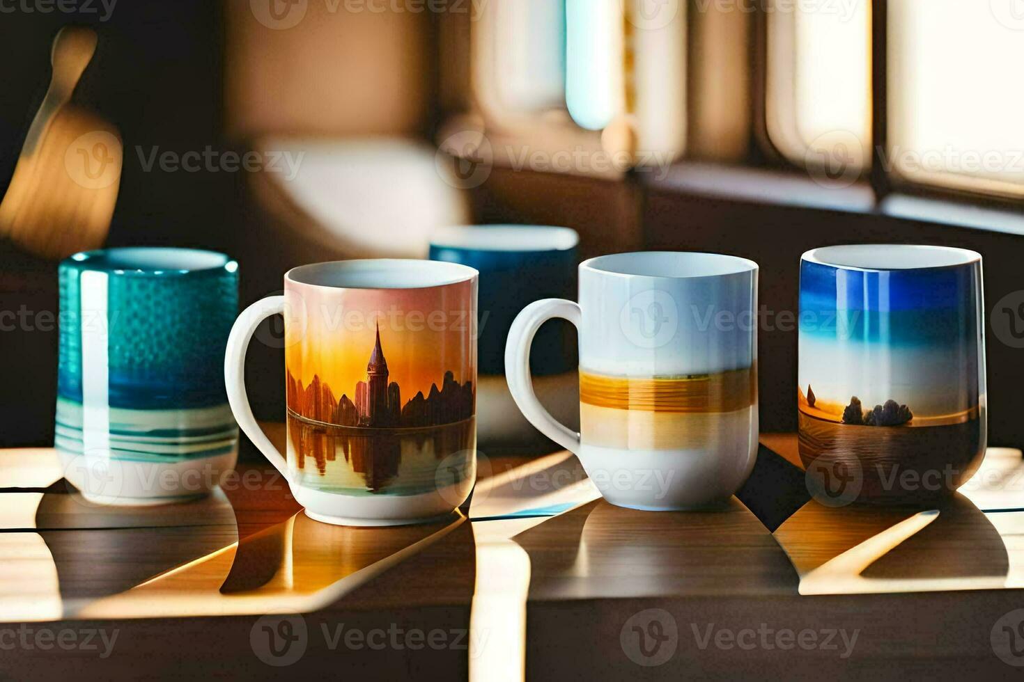 cinco café tazas con diferente diseños en a ellos. generado por ai foto