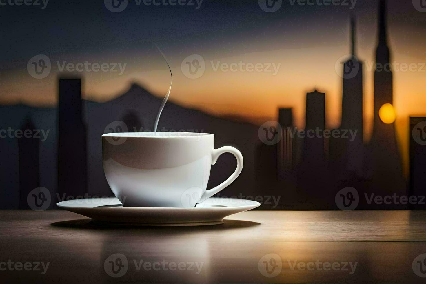a cup of coffee in front of the city. AI-Generated photo