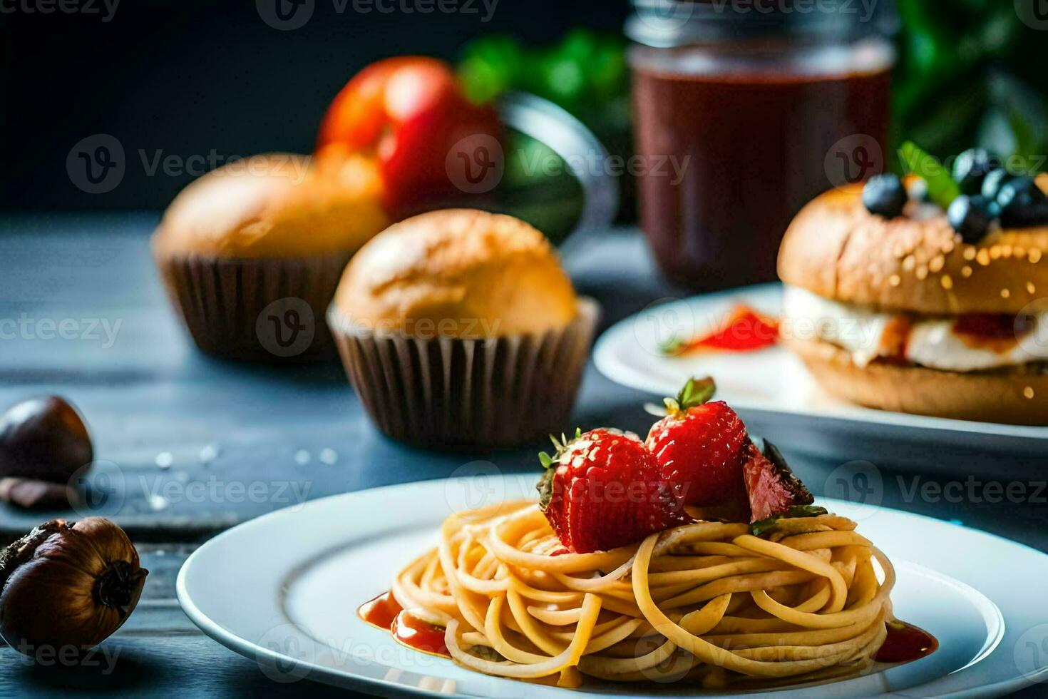 a plate of spaghetti with strawberries and a burger on a table. AI-Generated photo